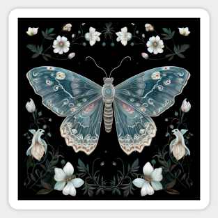 Mystical blue butterfly amidst art nouveau blossoms Sticker